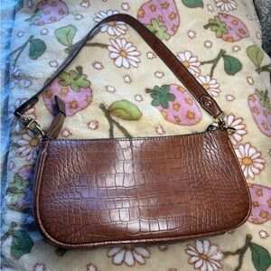 Brown Crocodile-Embossed Shoulder Bag faux croc